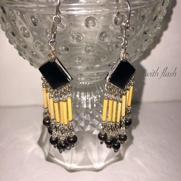 Pretty VTG BLACK ONYX & JASPER dangling earrings - Picture 3 of 5